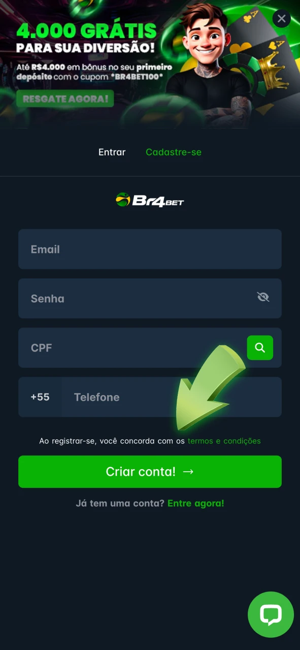 Leia os Termos e Condições da Br4Bet e crie uma conta.
