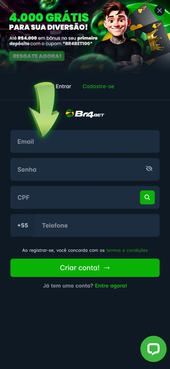Preencha o formulário de registro com suas informações pessoais na Br4Bet.