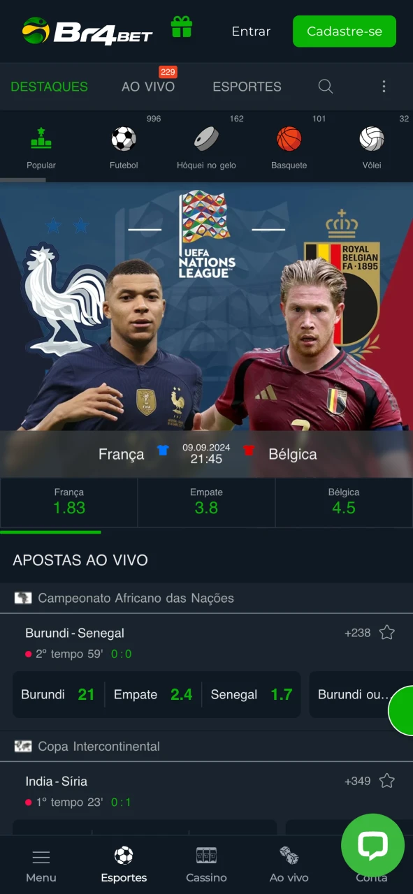 Vá para a página de esportes na Br4Bet e faça uma aposta.